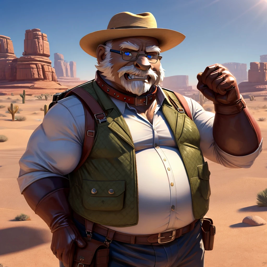 Male, fat, extremely obese, balding, Old Man with biceps, blue eyes, (posing:1.3), (soft shading), 4k, hi res, ((detailed face, detailed)), looking at viewer, evil grin, desert, cactus, shirt, hat, male focus, Explorer Outfit, glasses, pants, bag, vest, backpack, sleeves rolled up, round eyewear, brown headwear, brown vest, Old Man is wearing a glossy leather dog collar around the neck, Old Man is wearing the leather collar and shirt and vest at the same time, Old Man is wearing glossy white rubber gloves on the hands, gloves are rubber in texture, clenching teeth, clenching fists, leather collar is glossy and shiny with a lot of detail, white rubber gloves.