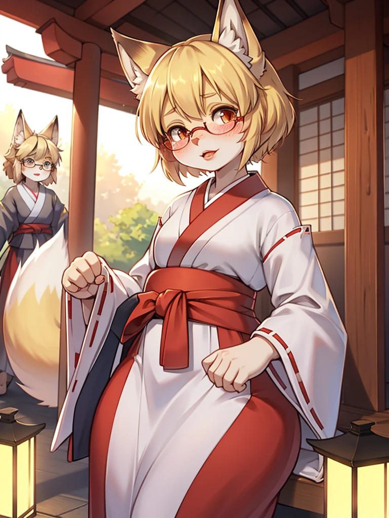 Japanese shrine maiden outfit fox , short blonde hair, freckles, (thick lips), plump, glasses , Suspicion eyes , gohei , Accompanying Japanese monsters