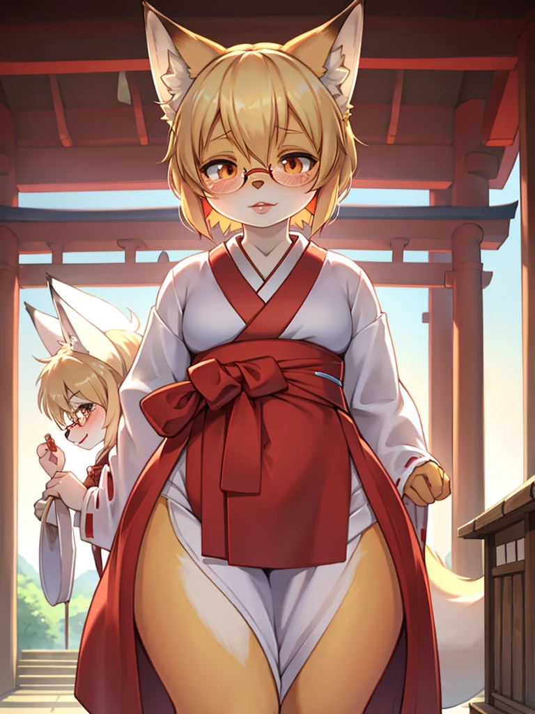 Japanese shrine maiden outfit fox , short blonde hair, freckles, (thick lips), plump, glasses , Suspicion eyes , gohei , Accompanying Japanese monsters