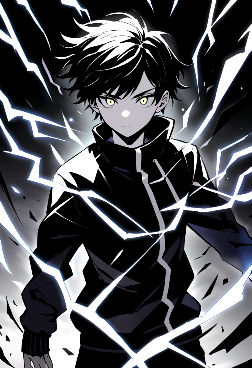 Man Long black hair black and white sweatshirt with electricity on his body