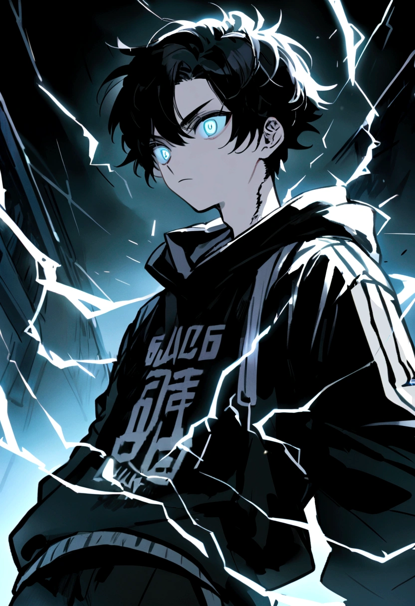 Man 17 years old Long black hair black and white sweatshirt with electricity on his body