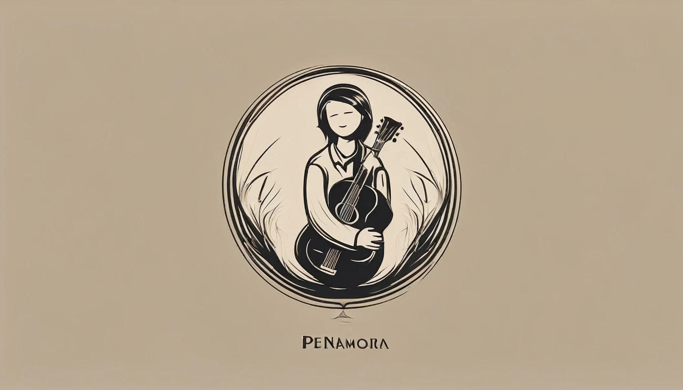 A minimal, modern, simple, cinematic logo design for the brand “Penamemoria". The logotype of a boy with a head of a feather playing acoustic guitar. The logo must convey a sense of music, stories and dreams. Minimalistic logo design of a boy dissolving into a feather of dreams and memories