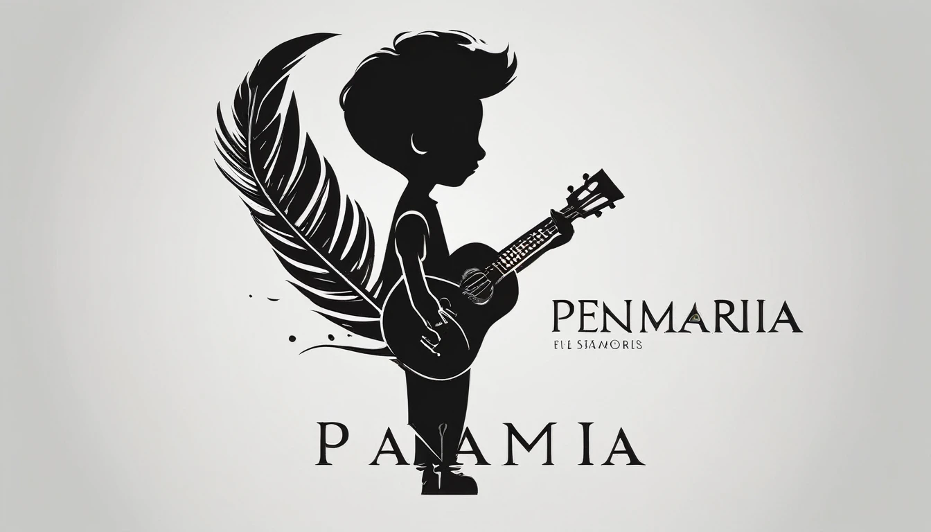 A minimal, modern, simple, cinematic logo design for the brand “Penamemoria". The logotype of a boy with a head of a feather playing acoustic guitar. The logo must convey a sense of music, stories and dreams. Minimalistic logo design of a boy dissolving into a feather of dreams and memories