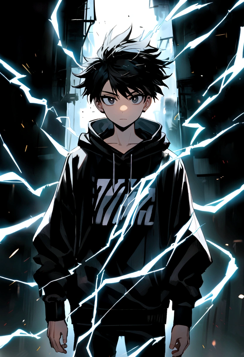 Man 17 years old Long black hair black and white sweatshirt with electricity on his body