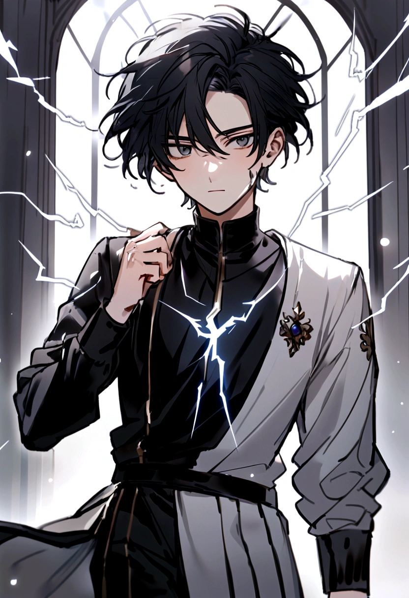 Man  Long black hair black and white sweatshirt with electricity on his body