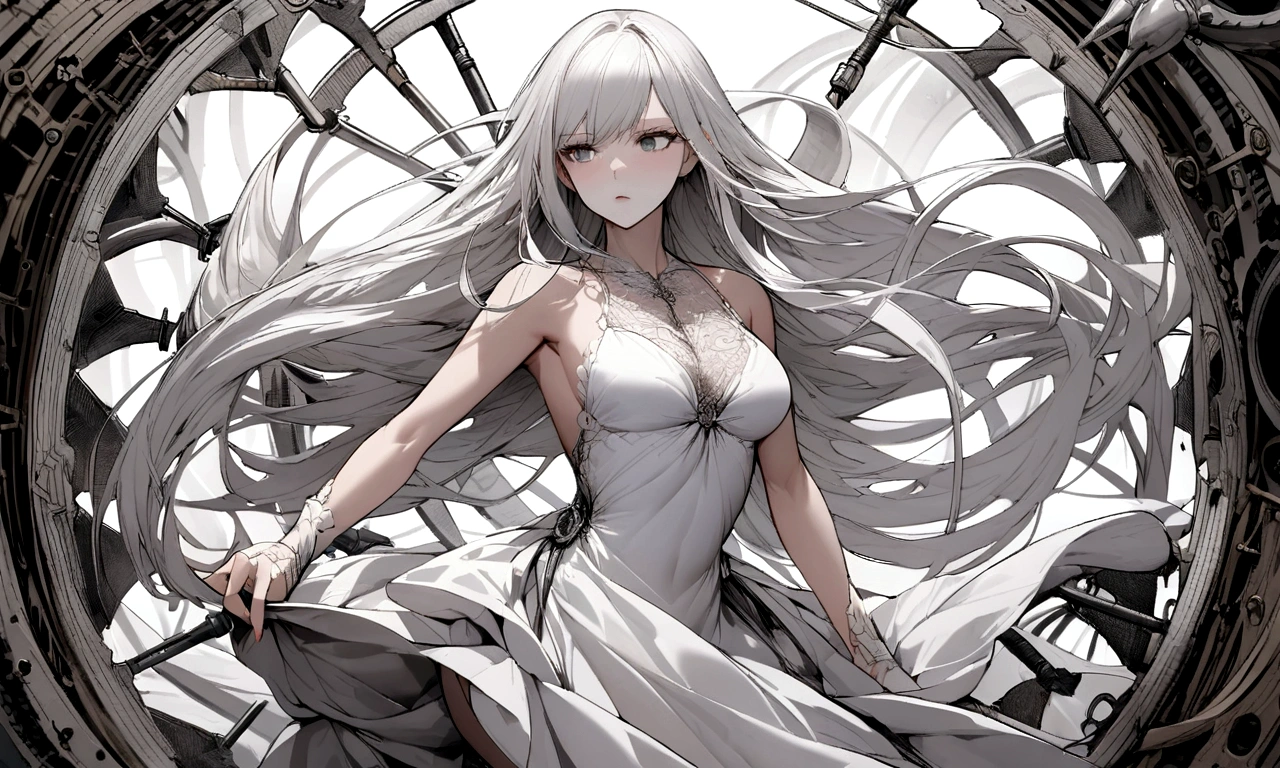 black and white drawing, giant clockwork background, beautiful woman 1, white long straight hair, white hair, wearing a white dress, the wind blows strongly, The body is dragged into the machine., body dragged by machine
