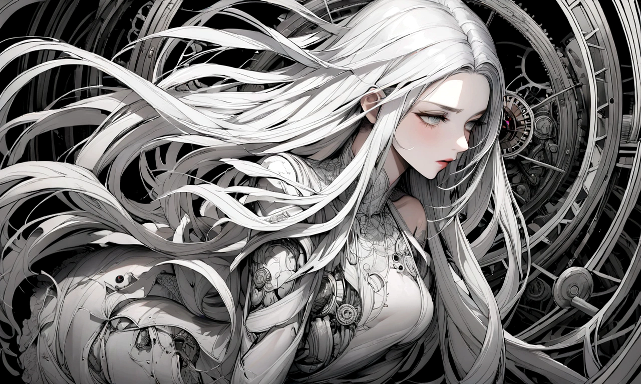 black and white drawing, giant clockwork background, beautiful woman 1, white long straight hair, white hair, wearing a white dress, the wind blows strongly, The body is dragged into the machine., body dragged by machine