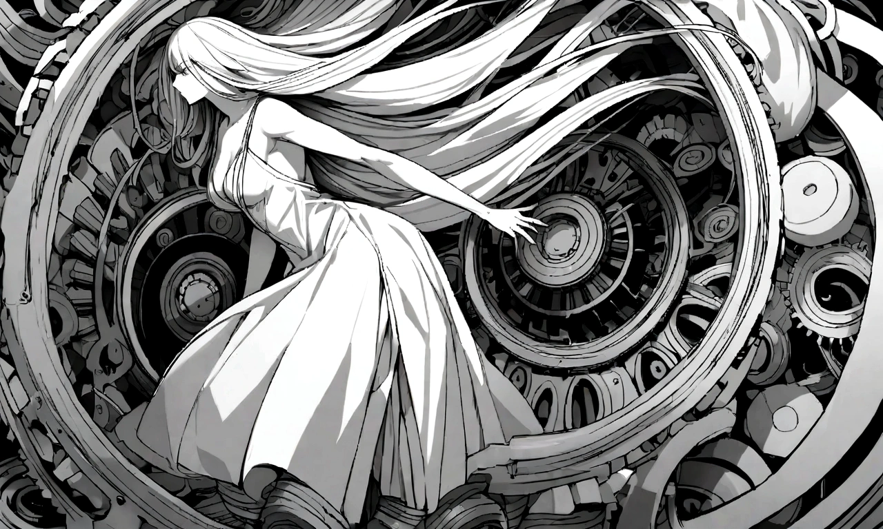 black and white drawing, giant clockwork background, beautiful woman 1, white long straight hair, white hair, wearing a white dress, the wind blows strongly, The body is dragged into the machine., body dragged by machine