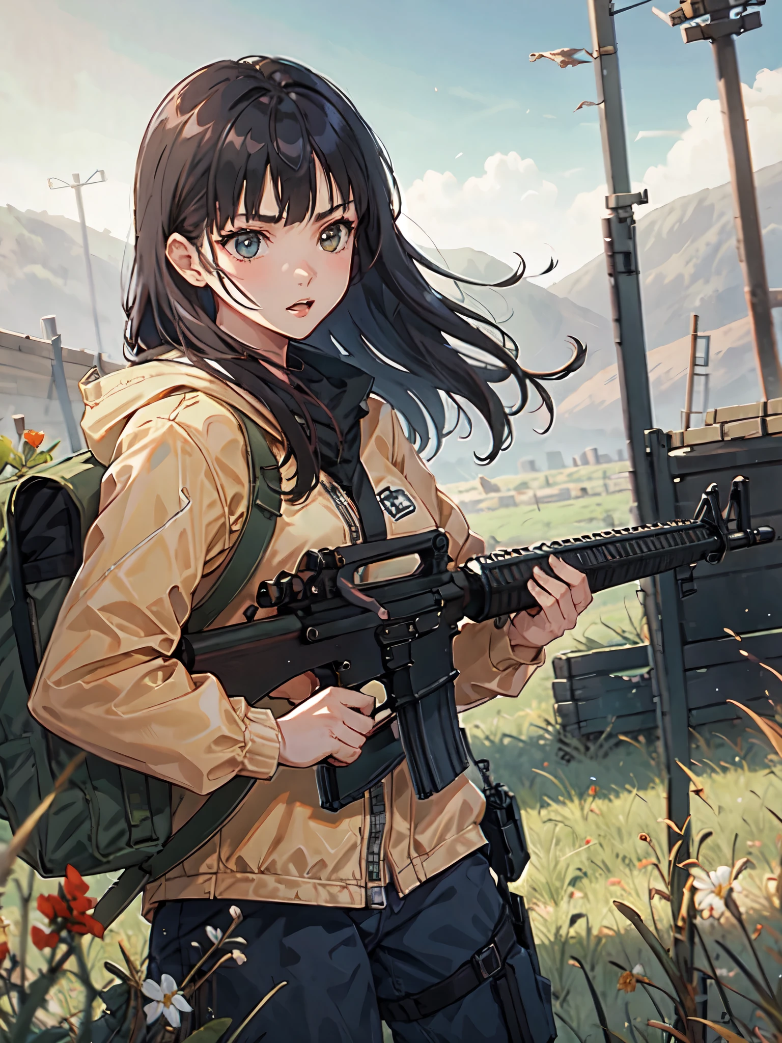 (masterpiece, best quality:1.2), solo, 1girl, using an m16a2, cowboy shot, cinematic composition, dynamic pose