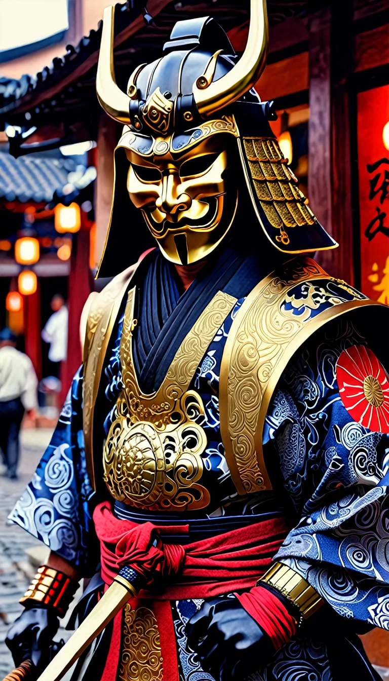 A Japanese warrior ronin with magnificent mask in portrait, the atmosphere is heavy and sad. It's very detailed and in the atmosphere of the old quarter of the time