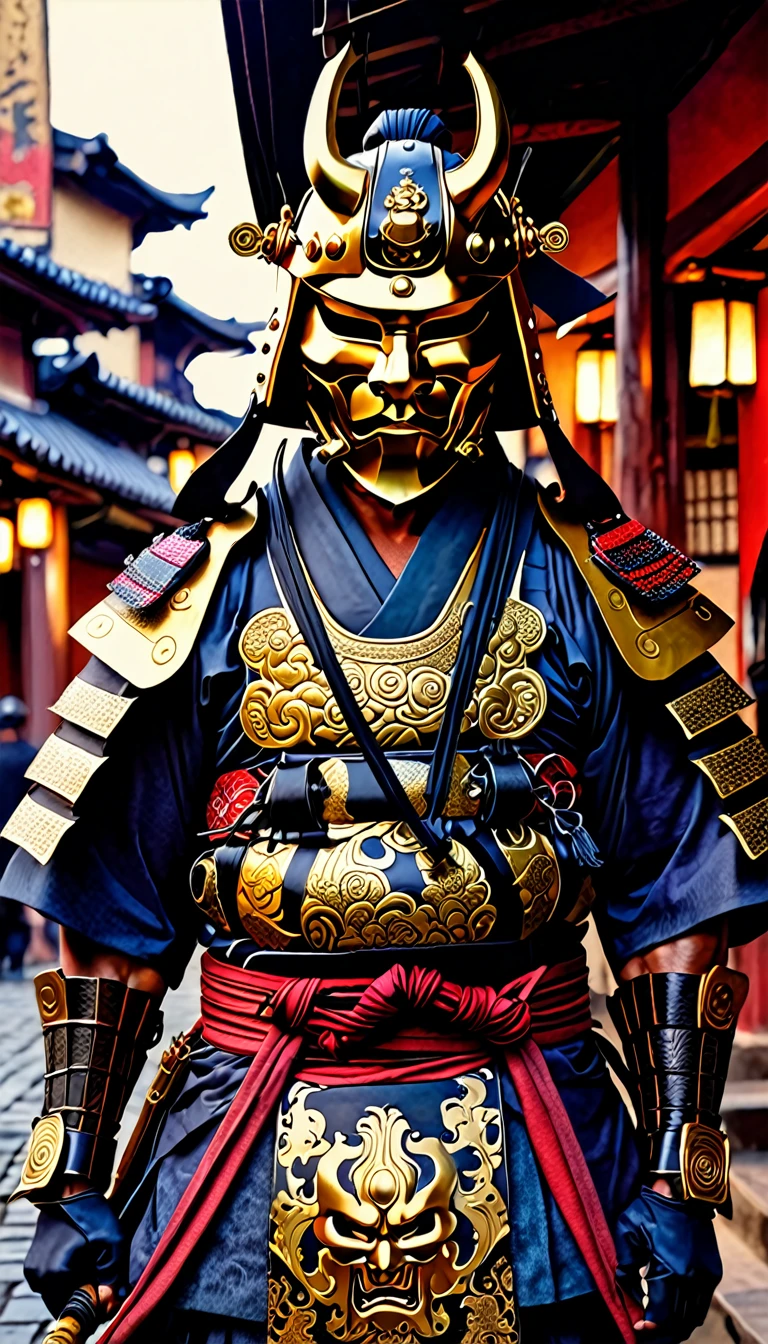 A Japanese warrior ronin with magnificent mask in portrait, the atmosphere is heavy and sad. It's very detailed and in the atmosphere of the old quarter of the time
