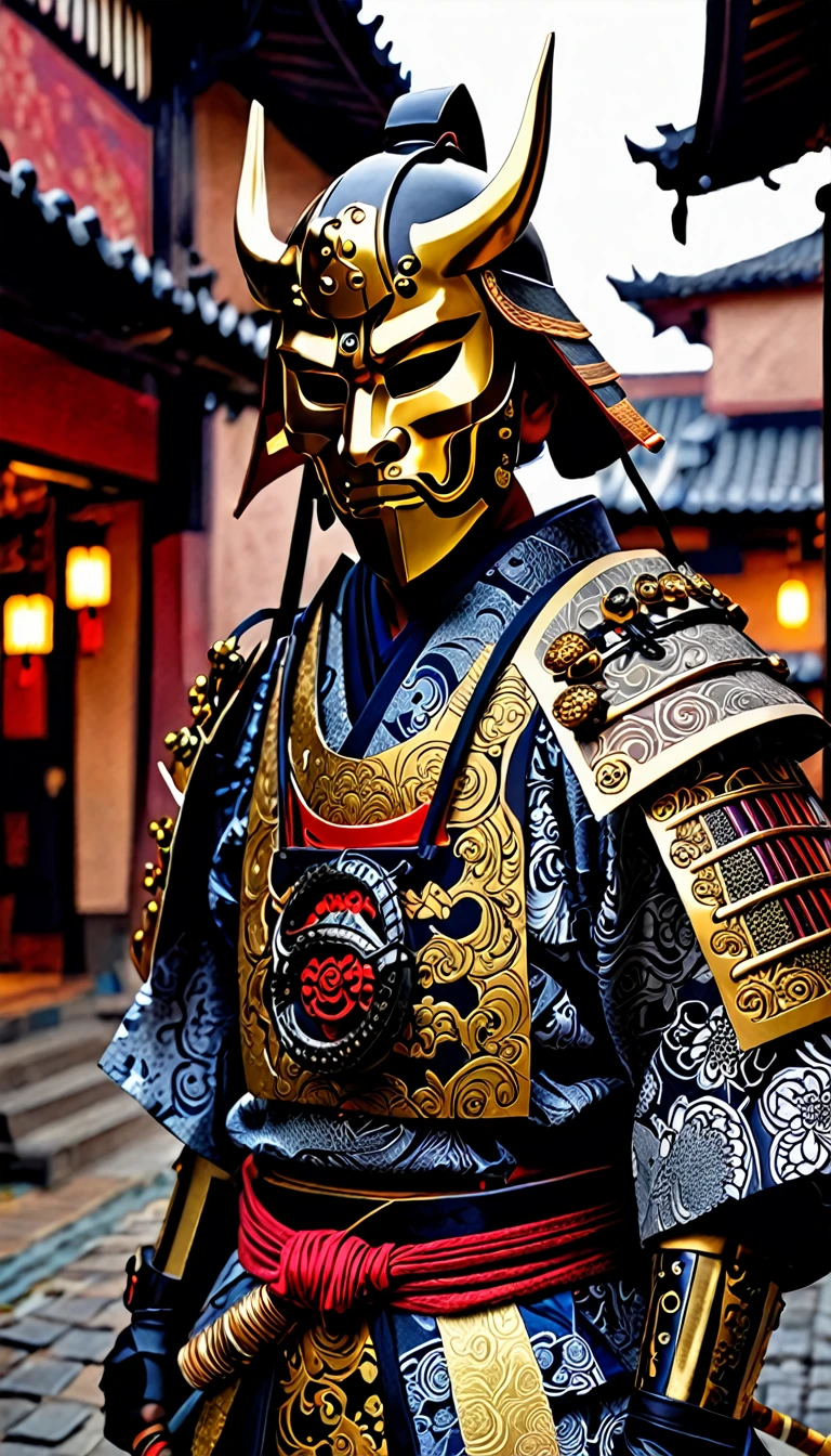 A Japanese warrior ronin with magnificent mask in portrait, the atmosphere is heavy and sad. It's very detailed and in the atmosphere of the old quarter of the time