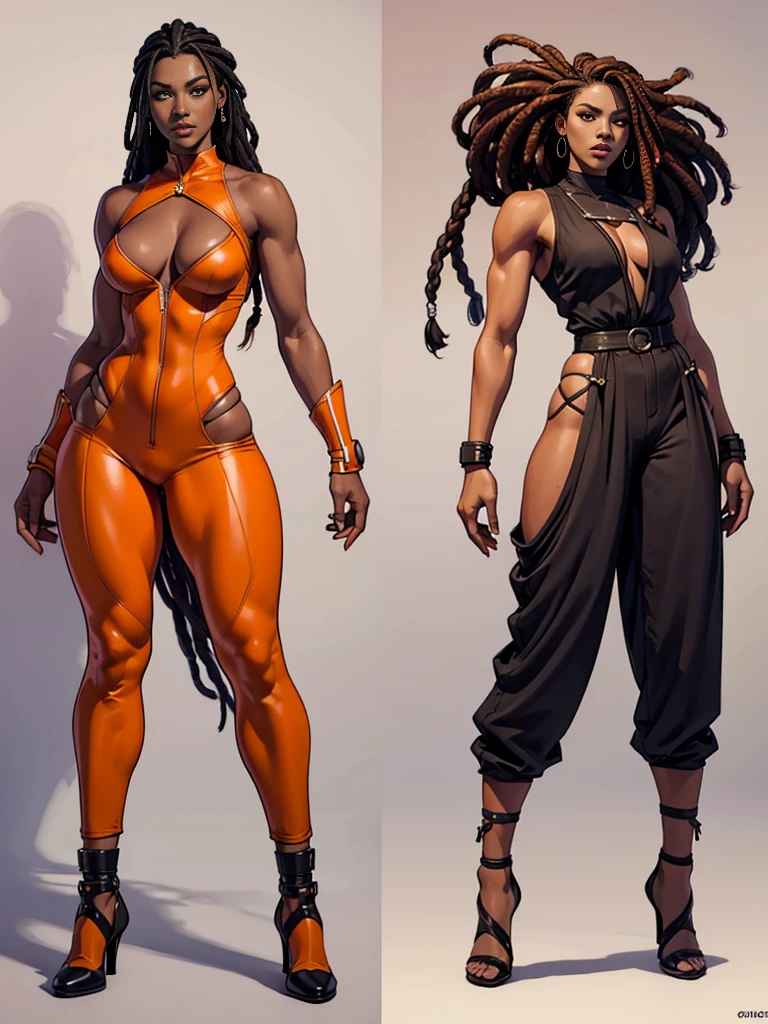 ((best quality)), ((4k)), ((highres)), ((masterpiece:1.2)). ((detailed)), ((ultra realistic)), ((intricate details)), ((full body picture)), ((character design sheet)), a full body picture of a beautifull Ebony skinned female, black woman, dark skin, ebony princess, ebony model, perfect face, detailed eyes, detailed lips, about 25 years old, about 5'7 ft. tall, long thin dreadlocks down to her hips, ((emphasis on her long thin dreadlocks down to her hips)), pretty, feminine woman, toned body but not too muscular looking, dressed in a skin-tight sleeveless full body orange jumpsuit, ((emphasis on the skin-tight sleeveless full body orange jumpsuit)), showing cleavage, glamorous, strappy lace up high, fighting game character concept art, tekken character design, the king of fighters character concept, full bofy, full body concept art, full body art