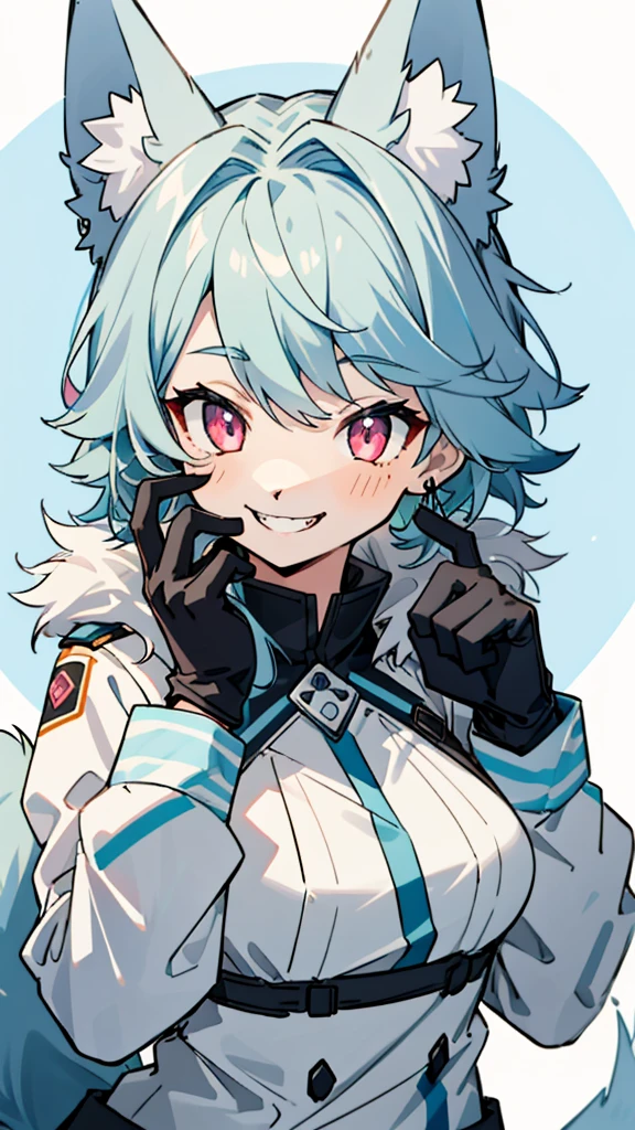 1 Girl、(Female wolf:1.5)、 (Light blue fur:1.3)、 (Fluffy tail:1.2)、Small breasts、Pink Eyes、Grin、Blue Earrings、Fluffy animal ears、Riders jacket、Black gloves、Upper body close-up、Sharp contours