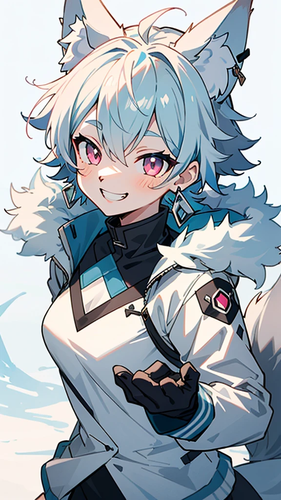 1 Girl、(Female wolf:1.5)、 (Light blue fur:1.3)、 (Fluffy tail:1.2)、Small breasts、Pink Eyes、Grin、Blue Earrings、Fluffy animal ears、Riders jacket、Black gloves、Upper body close-up、Sharp contours
