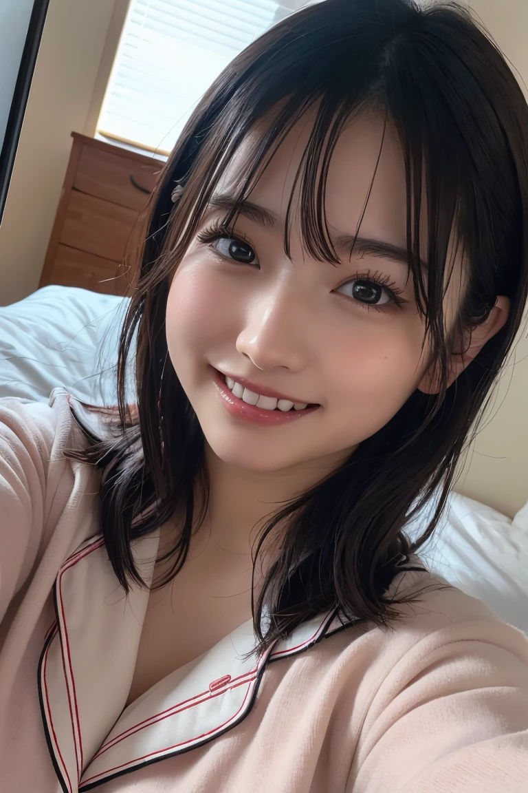 (8K, RAW Photos, Highest quality, High resolution: 1.1), (ultra Realistic: 1.4), (Realistic, Realistic: 1.3), The Beauty of Japan, pajamas, ((Upper Body: 1.3)) High resolution, Realistic image of a Japanese woman with short hair, She has big breasts and red cheeks, Look at that, smile She looks at it, smile, While taking a selfie. Her smartphone is close to her face. She appears to be live streaming from her home., Spread on the bed, With a blanket over my chest.