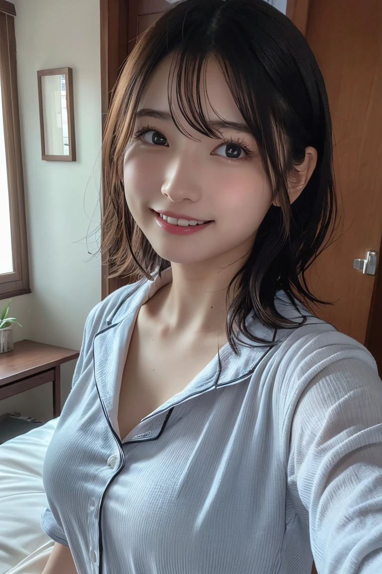 (8K, RAW Photos, Highest quality, High resolution: 1.1), (ultra Realistic: 1.4), (Realistic, Realistic: 1.3), The Beauty of Japan, pajamas, ((Upper Body: 1.3)) High resolution, Realistic image of a Japanese woman with short hair, She has big breasts and red cheeks, Look at that, smile She looks at it, smile, While taking a selfie. Her smartphone is close to her face. She appears to be live streaming from her home., Spread on the bed, With a blanket over my chest.