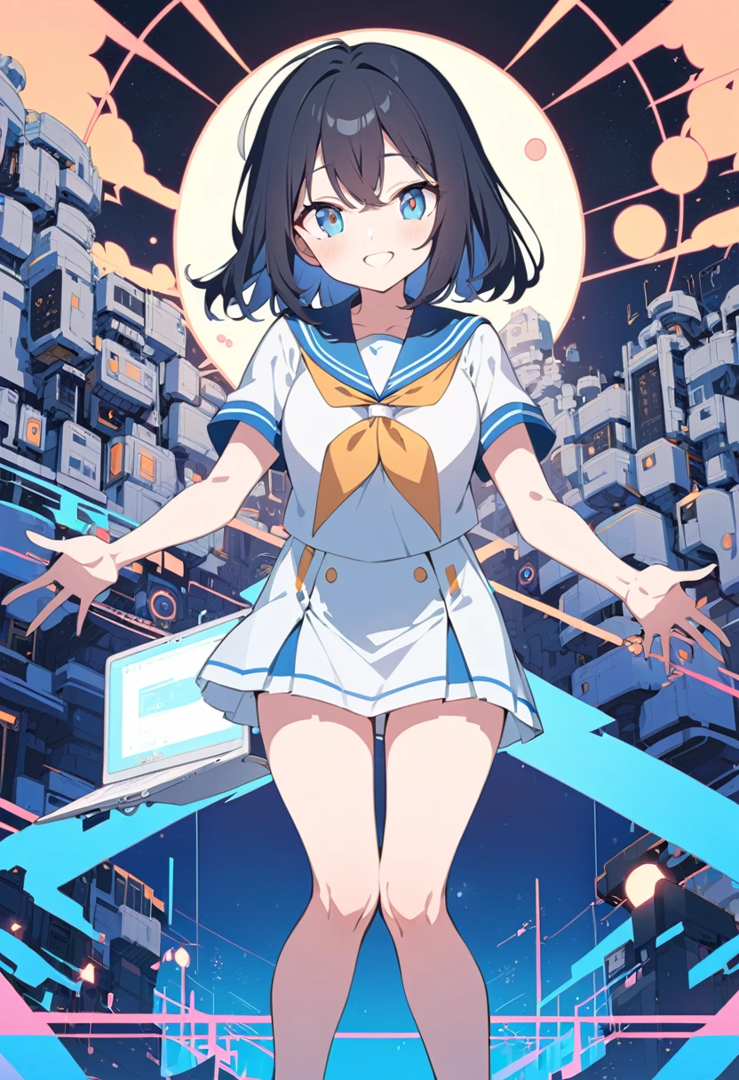An anime-style young girl with short bluely black hair, large blue eyes, a plain white long T-shirt sailor uniform reaching to her knees, standing straight, holding a laptop PC, smiling, electronic near-future vibe.