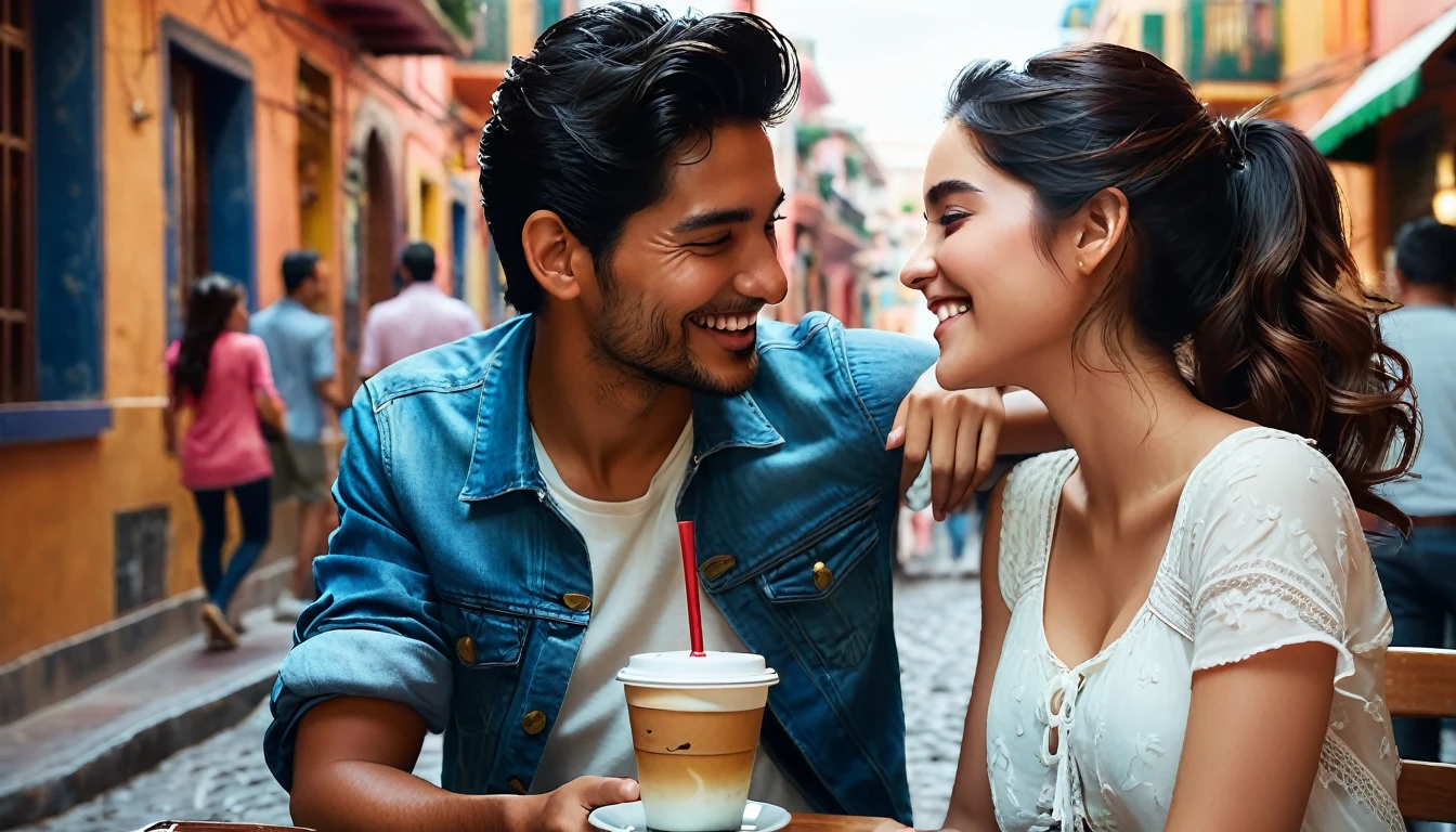 (Ultra realistic image, 42K, Ultra -HD), IAs Ana and Miguel walk through the busy streets, their paths cross with a group of friends. They stop to talk and laugh, and soon they are surrounded by a cloud of positive energy. As the afternoon passes, Ana and Miguel feel increasingly connected, as if they've known each other their whole lives.
When it's time to say goodbye, Ana and Miguel exchange meaningful glances. There are no words spoken, but the message is clear: there's something special going on between them.
With smiles on their faces and hearts full of hope, they go their separate ways, knowing that your destinies are intertwined. The flirty glances at the cafe were just the beginning of something magical.