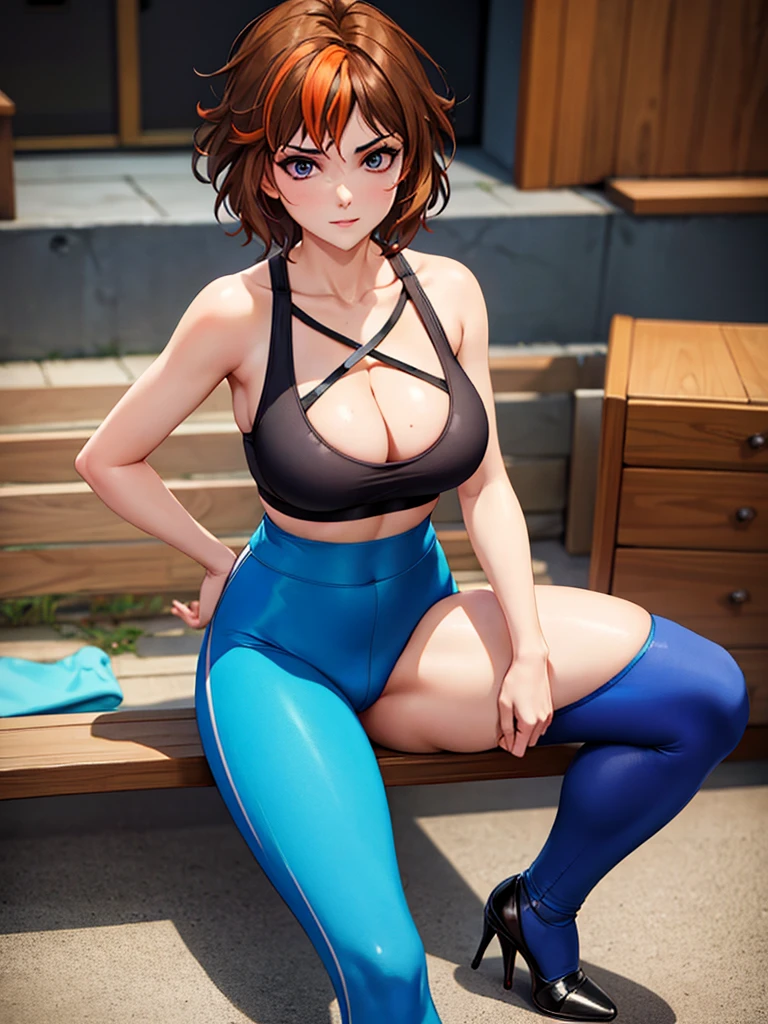 merula, sexy pose, high heels, sexy sport bra, yoga blue adidas pants, full body, thighs, sitting pose