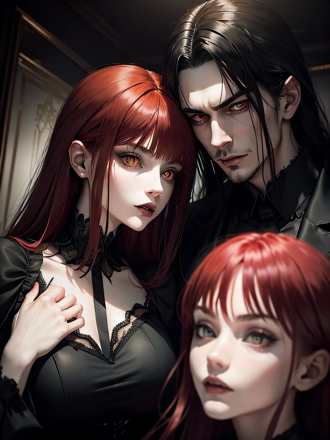 "A family of vampires in a dark, gothic environment. The father has long black hair, piercing eyes and a serious expression. The mother is a redhead with striking hair, pale skin and a seductive look. The eldest daughter also has black hair and long, with a mysterious appearance. The other daughter has red hair, with a determined expression and elongated eyes. Two boys, one with red hair and the other with black hair, both with features similar to their parents, complete the family. period clothing, elaborate and elegant, in dark tones, reflecting the vampiric and gothic nature of the family. The image should convey an atmosphere of mystery and supernatural power."