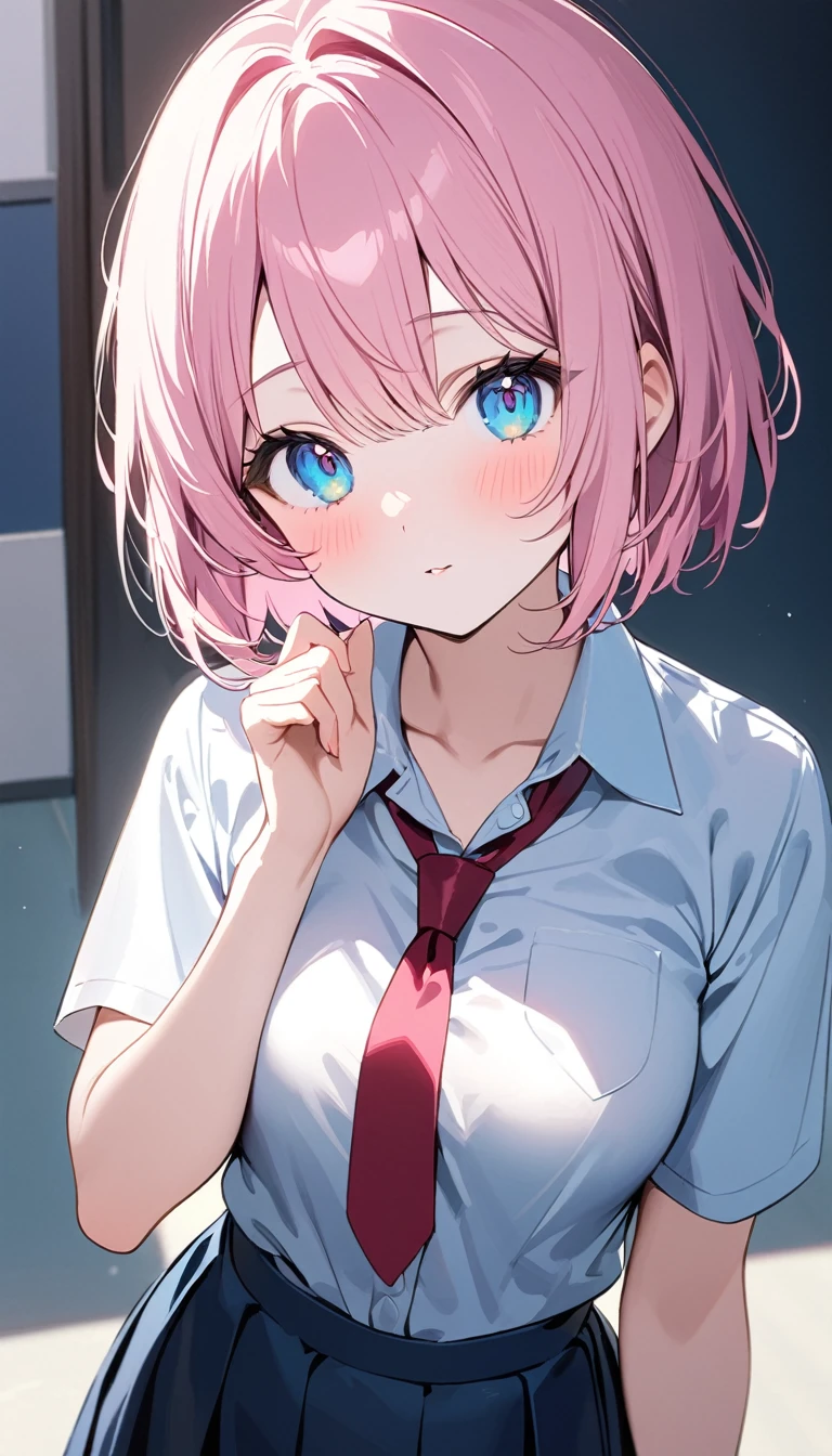 (1 girl),(Best Picture Quality, 8K, Masterpiece:1.3), (high school student:1.5), (pink lob hair:1.1), [mintgreen hair:0.1], (bob cut), (cute eyes:1.5, pupil black, iris skyblue, youthful face:1.5), ((school uniform, white short simple sleeve shirt, darkblue skirt)), (super clear:1.5), (glistening skin:1.1),(pale skin:1.2), (standard weight), (medium breasts), (close up face).