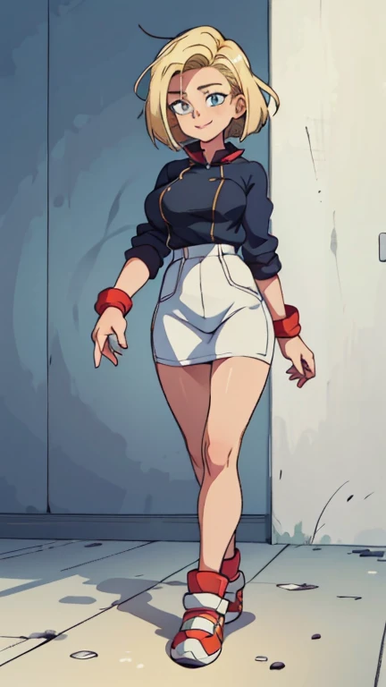 1 girl, walking, happy, where blue white wall, blond hair, 18 years, high, 2 legs, five fingers on each hand, medium breasts, short hair, defined face, defined hands, five fingers on each hand, (posters stuck to the wall), posters in the background