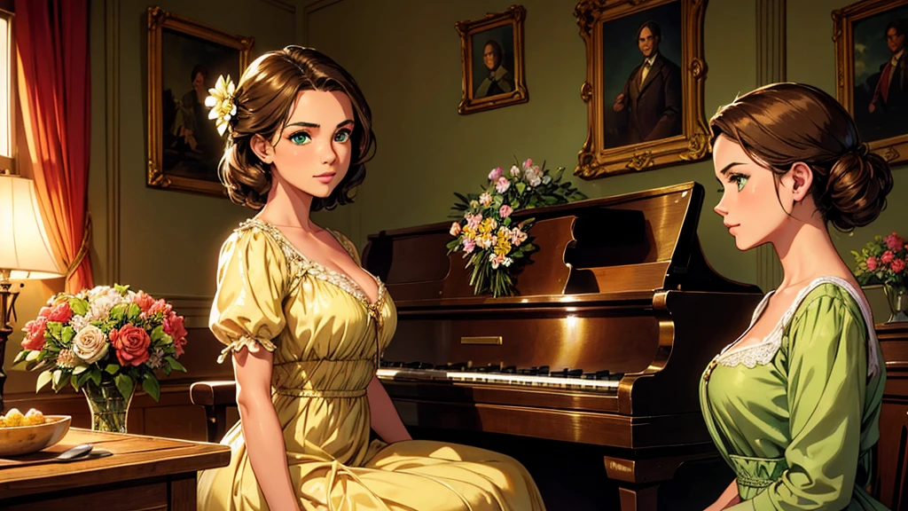 A realistic scene of a young lady in an antique dress; your skin is tanned and your face has perfect green eyes; the background is vintage style, inside an old house with a golden piano and lots of flowers; work of art.