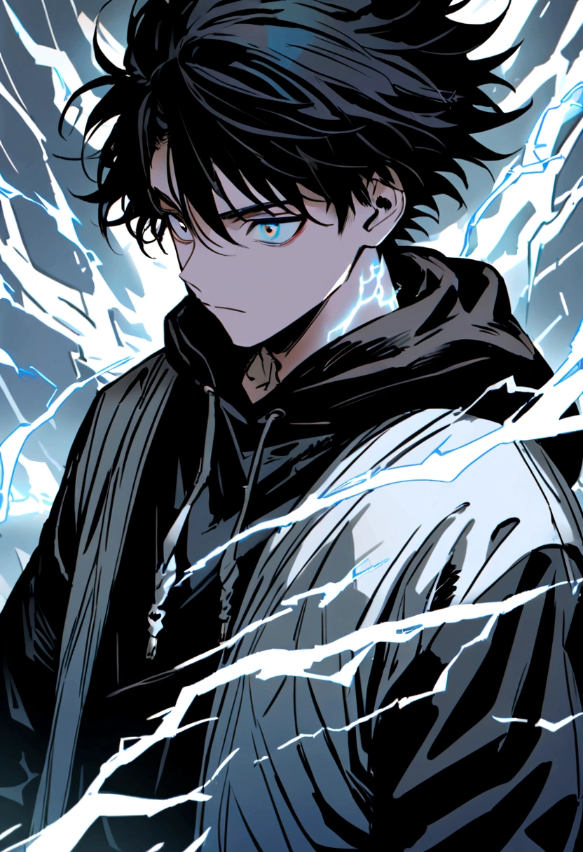 Man Long black hair black and white sweatshirt with electricity on his body