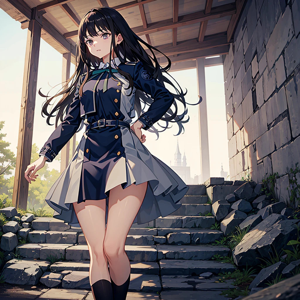 masterpiece, best quality, highres, aatakina, long hair, black hair, breasts, neck ribbon, collared shirt, lycoris uniform, two-tone dress, blue dress, grey dress, long sleeves, belt, ruins,(stairs:1.2),ass, kneehighs, looking back,(pantyshot:1.1), pleated skirt, white panties,running,(from below:1.1),