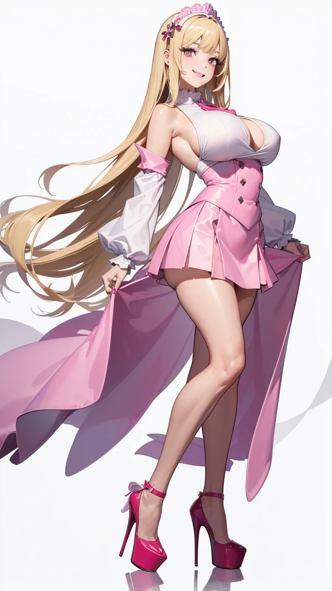 ((masterpiece, high resolution, better quality, better details)), ((Marin Kitagawa)), ((Smiling)), a girl modeling standing, mini skirt, blouse with long sleeves, ((big neckline)), ((platform high heels)), pink eyes with black outline, (light blonde hair, straight hair, straight bangs, long hair)), long nails, pink nails, (((curvy body))), shiny skin, ((side view)), solo, bare shoulders, full body, focus full body, high heels, ((White background)),