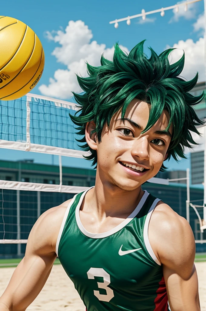 Izuku midoriya green hair playing volleyball anime post