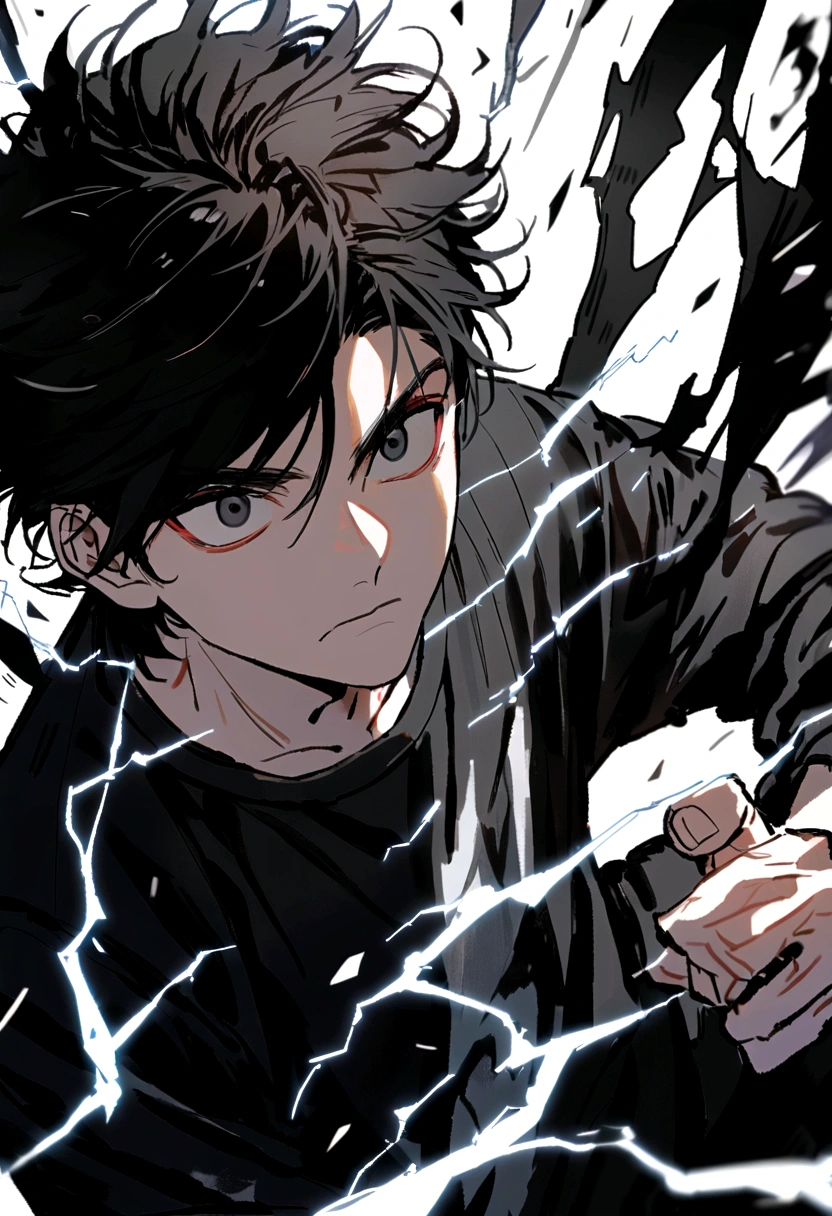 Man Long black hair black and white sweatshirt with electricity on his body