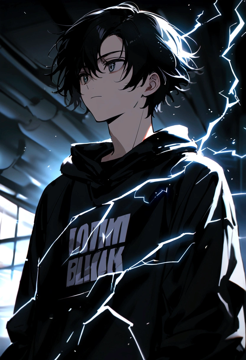 Man 17 years old Long black hair black and white sweatshirt with electricity on his body