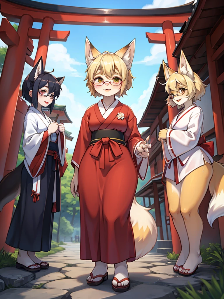 Japanese shrine maiden outfit fox , short blonde hair, freckles, (thick lips), plump, glasses , Suspicion eyes , gohei , Accompanying Japanese monsters