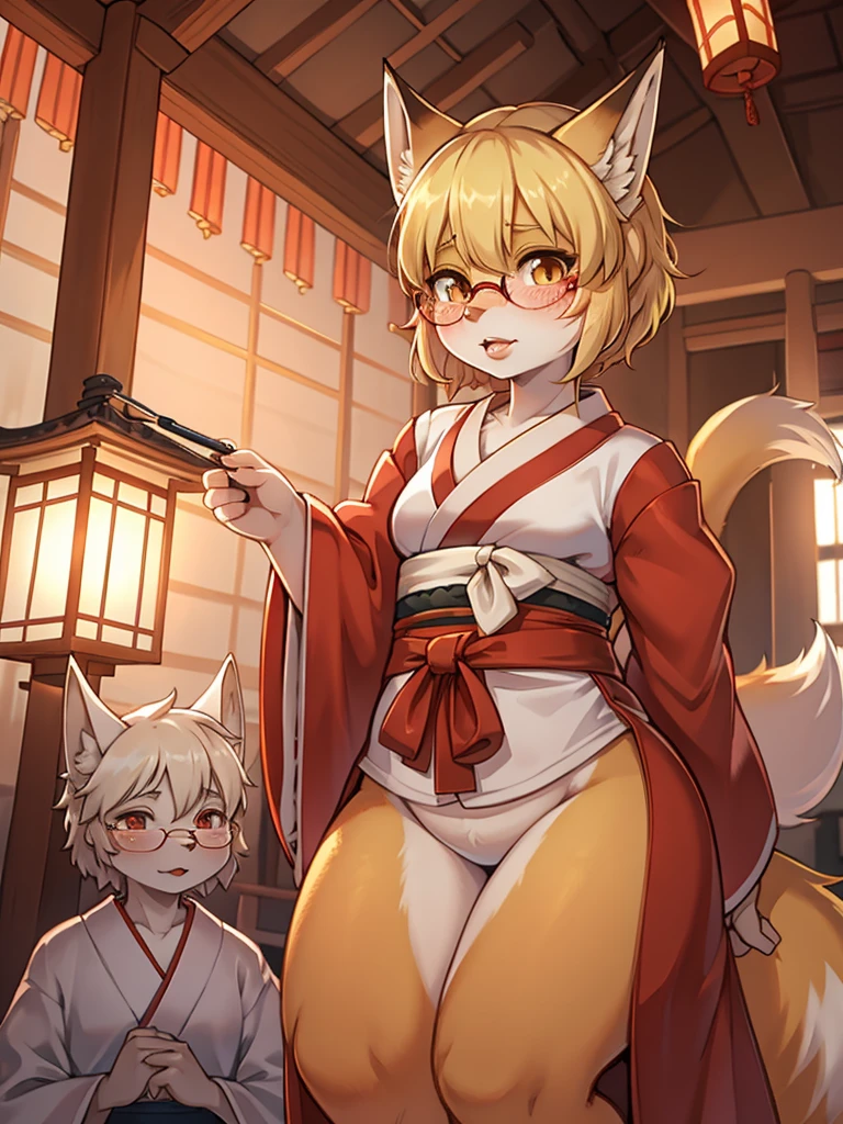 Japanese shrine maiden outfit fox , short blonde hair, freckles, (thick lips), plump, glasses , Suspicion eyes , gohei , Accompanying Japanese monsters