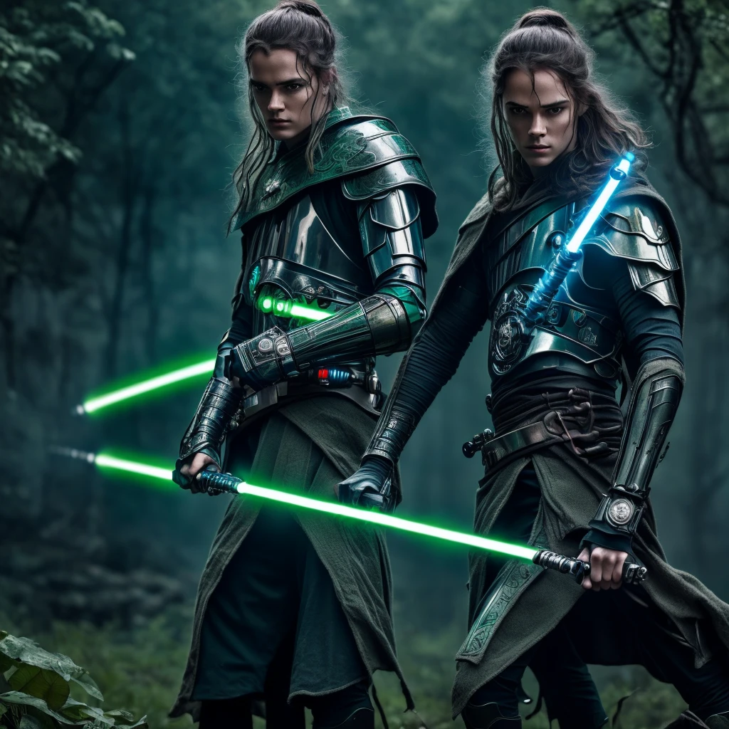Elden ring style warrior, Cyborg warrior with a lightsaber, green lightsaber, city around covered by vegetation, ancient medieval city, warrior with neon blue eyes,dark sky due to heavy rain 
