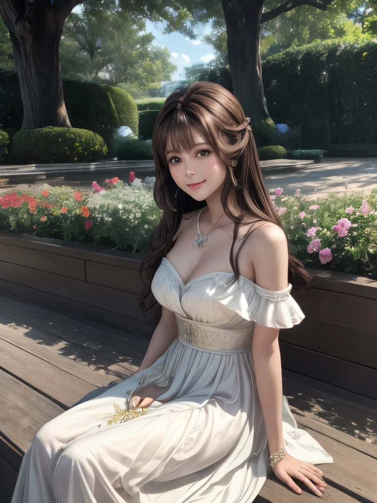 3d,masterpiece、The  is a beautiful girl,(((alone)))、Faithful reproduction、at the park,Sitting on a tree,Long dress women, (((Portrait Realism))), (Oriental) (((Brown Hair))), (((Close-up of detailed facial features: 0.8)))、(((mega hair))), free, profile image、Ultra high definition、Soft skin texture, Flexible body, She is the center of the garden, smile, List image, 8k Raw Photo:1.5、dream  、Ultra-high resolution,8k Raw Photo:1.5、