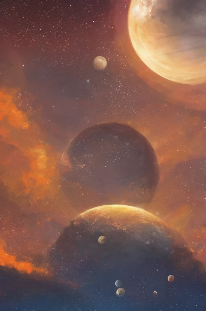 Pale Orange color, bushes around the canvas SPACE solar system containing Earth Saturn Jupiter Venus Mars Neptune Uranus Mercury dark fantasy, eldritch, pixiv, digital painting ,acrylic painting victory happy SOFT BRUSHES SOFT BRUSHES DARK BACKGROUND