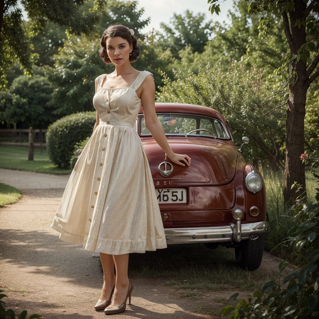 beautifull, photorealistic, vintage british woman, full pose, 1950, dress