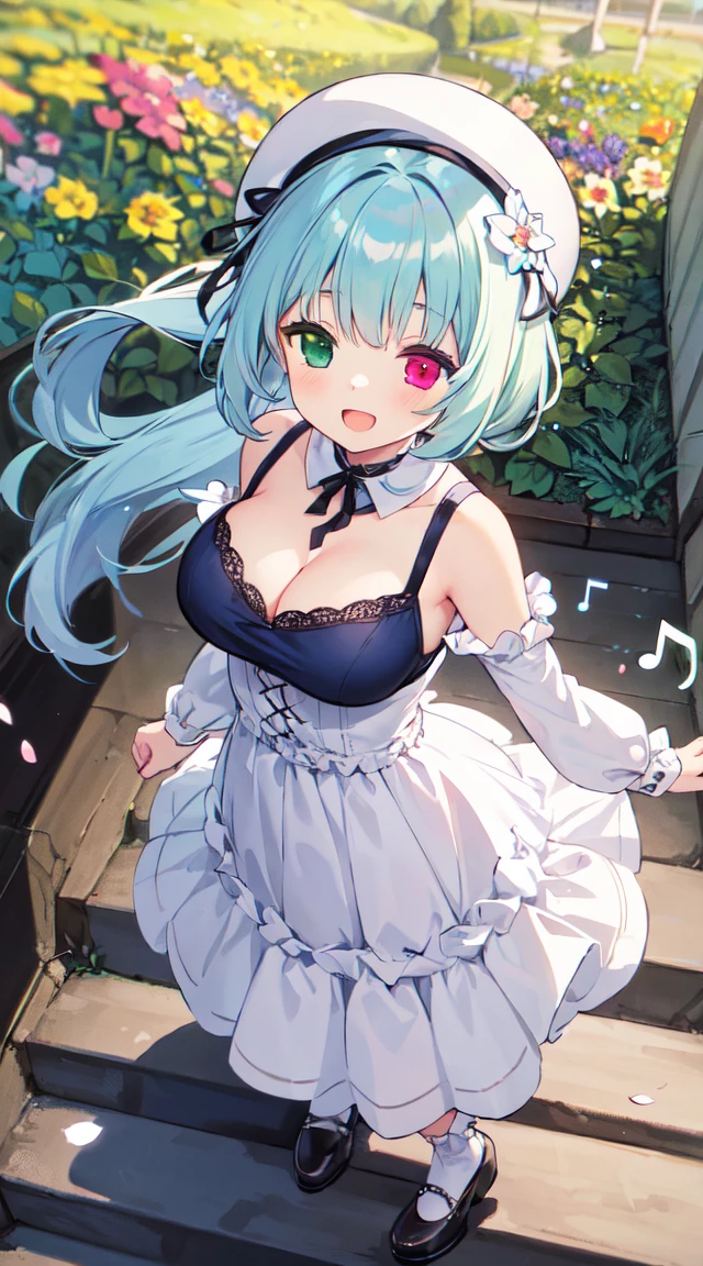(super fine illustration:1.2),(masterpiece, 8k), (best quality, high quality:1.4), perfect anatomy, hyper detailed, ultra detailed,masterpiece background,beautiful detailed background, v8k wallpaper,perfect design,award-winning art,atmospheric,
BREAK Beauty 1 Girl,Solo,(Cute:1.5),(Chibi:0.6),(kawaii:1.5),(:0.5),BREAK,(17 yl),Very detailed,colourfull,highest details,Clear skin,Beautiful skin,Shy,Very detailed,colourfull,highest details,BREAK,Clear skin,Beautiful skin,Shy skin,1 beautiful girl,(Heterochromia,blue eyes,green eyes:1.75),star eye silhouette,BREAK (pale blue hair, Medium length:1.4),(side ponytail,A little curly hair,Princess Cut, crossed bangs:1.3),(cleavage of the breast,Big breasts,Beautiful breasts,Large breasts:1.5),(long eyelashes, Double eyelids:1.2),Solo,gleaming skin, Clear skin, Beautiful skin,(best quality face),(Top quality glowing eyes), (The best smile,:D:1.45),
BREAK, (music motif inspired:1.2), white lace, (closed collar long-sleeved blouse:1.2) with frilled and ribbon, a volumey pannier under a (musical note-pattern long dress:1.6) with (lots of layered frills:1.2) and ribbons, (lace ruffle socks:1.2), music-themed accessories, hat, platform shoes,BREAK, (flower garden:1.8), (magic circle:1.3), (fantasy:1.5), (long shot:1.5), Midday, (light rays:1.2), lights, blue sky, wind, fluttering petals, illusion effect, magic effect,
BREAK,wakame,wakame,wakame,(looking up,from front above:1.5)
(going up on stairs:1.5),
BREAK,(Blurry background:1.3),(absurderes, hight resolution, Super Detail Art),cel shading,Clear Color, Lonely optical effect, Beautiful pictures, Bright glow, mystic atmosphere,(Close-up of girl:1.1), Mystical light particle effect,manga influence, clean line drawings,