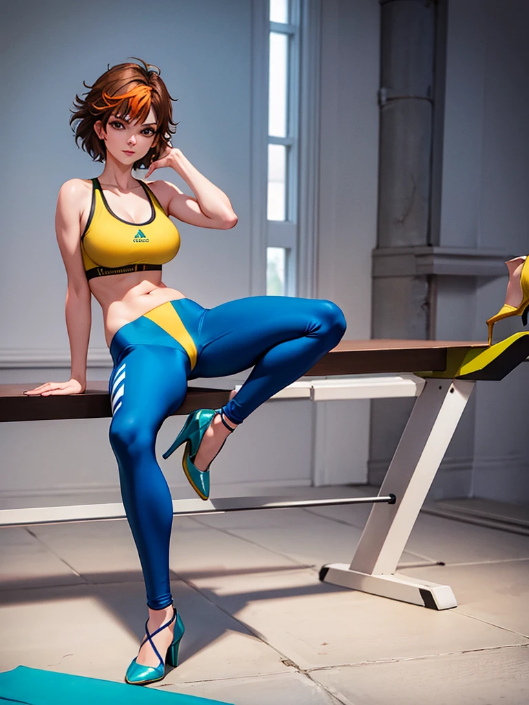 merula, sexy pose, yellow high heels, sexy sport bra, yoga blue adidas pants, full body, thighs, sitting pose