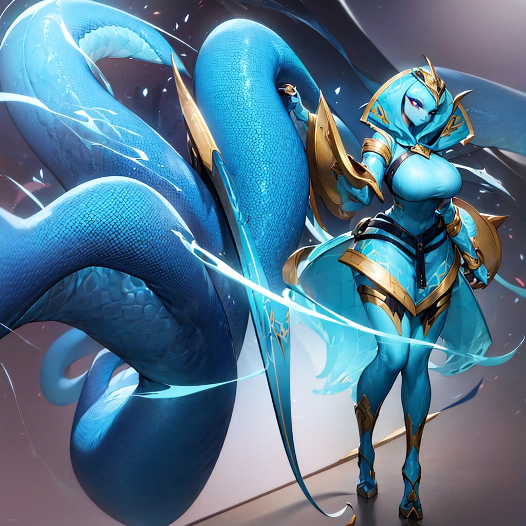 1girl, furry, anthro cobra, anthropomorphic cobra, light blue scales, tail, standing, 4k, 8k, highres, best quality, masterpiece, wallpaper, full body, blue sweater, blue eyes, slit pupils, gigantic breasts, furrycobra, ((naga)), ((lamia)), park