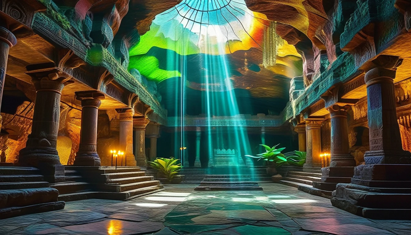 A DSLR photo, award-winning, with deep rich saturated colors and good contrast, shot with a Goerz Hypergon f/8 lens. A sprawling, ancient underground cavern, transformed into a mystical marketplace with bioluminescent plants and exquisitely hyperdetailed laser-crafted stone and wood pathways, winding through vibrant stalls full of exotic goods. Sunrays filter through crystalline formations in the cavern ceiling, creating volumetric light and casting a magical glow throughout the space. The architecture blends motifs and styles from many cultures, featuring God-level hyperintricate carvings, mosaic-tiled walls, sculptures, statues, and vibrant banners. The scene exudes an otherworldly, dreamlike quality, with glowing fungi and hanging vines intertwining with the intricate market structures, and the serene sound of subterranean streams enhancing the tranquil atmosphere.