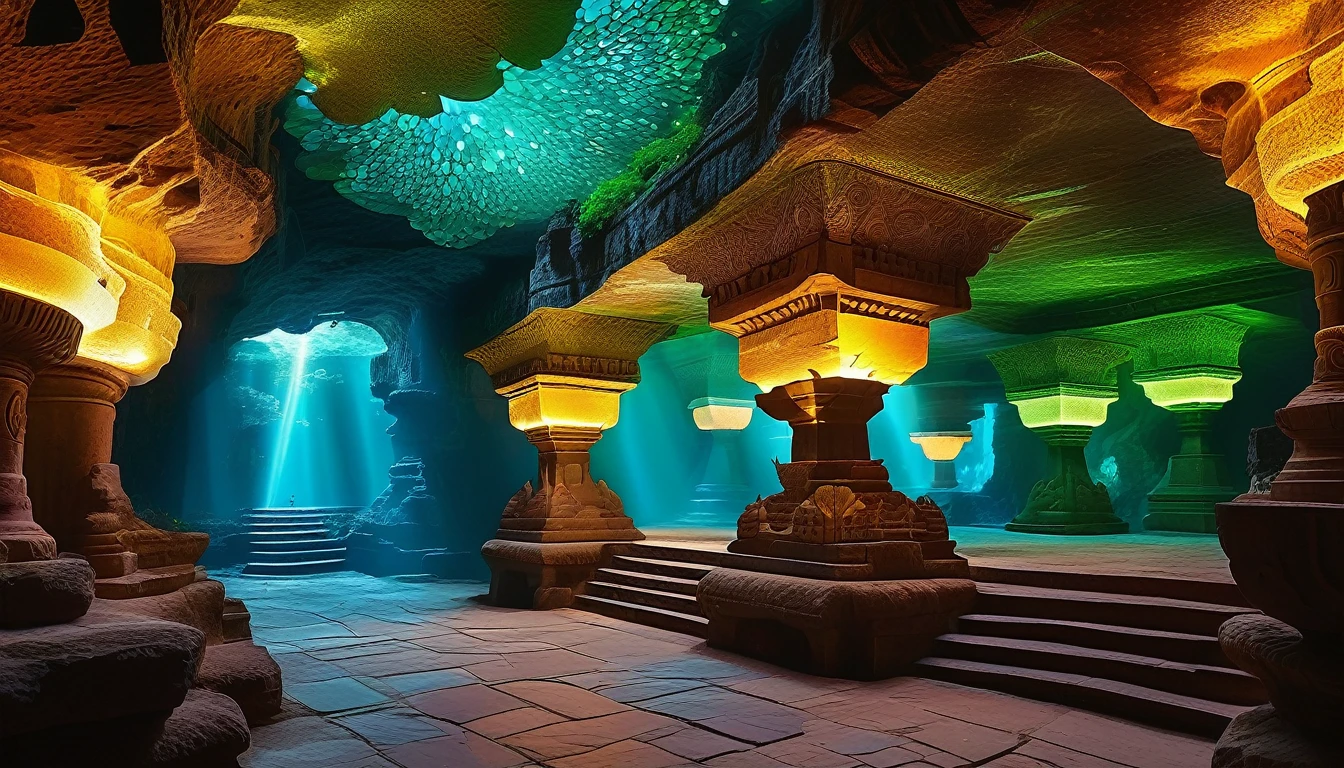 A DSLR photo, award-winning, with deep rich saturated colors and good contrast, shot with a Goerz Hypergon f/8 lens. A sprawling, ancient underground cavern, transformed into a mystical marketplace with bioluminescent plants and exquisitely hyperdetailed laser-crafted stone and wood pathways, winding through vibrant stalls full of exotic goods. Sunrays filter through crystalline formations in the cavern ceiling, creating volumetric light and casting a magical glow throughout the space. The architecture blends motifs and styles from many cultures, featuring God-level hyperintricate carvings, mosaic-tiled walls, sculptures, statues, and vibrant banners. The scene exudes an otherworldly, dreamlike quality, with glowing fungi and hanging vines intertwining with the intricate market structures, and the serene sound of subterranean streams enhancing the tranquil atmosphere.