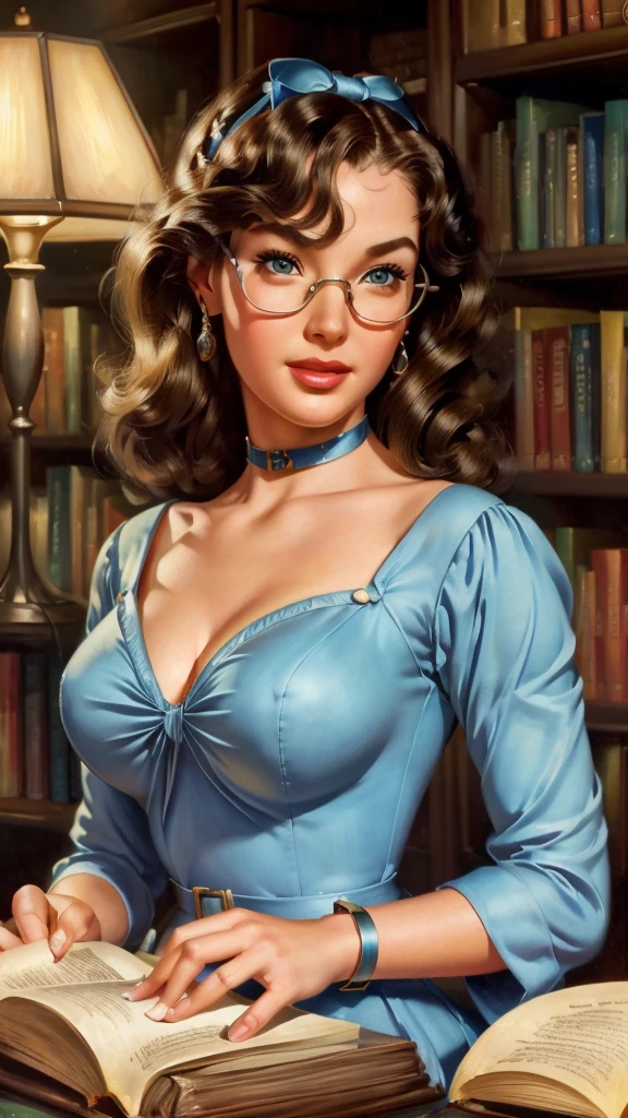 (highly realistic), (global illumination), (ray tracing), ((Gil Elvgren)), (illustrated style), ((highly detailed faces)), (8k resolution), pale blue eyes, (hyper realistic), (photorealistic: 1.4), cute librarian, library, beautiful