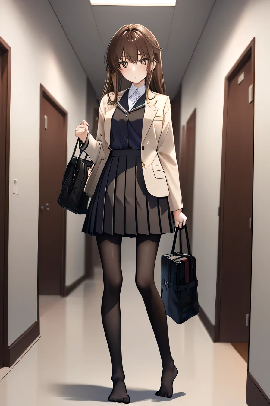 Top quality, masterpiece, High resolution, (Head to toe full body), front, frontComposition from slightly below, Symmetric, Tall 18 year old girl, alone, (Head to toe), (Small breasts), Brown Hair, (black tights), (Black Pantyhose), 、Thin legs, A very beautiful and tall 18 year old girl, (No shoes), ,Standing in the hallway、 looking at the camera, blazer uniform, Checkered Pleated Skirt