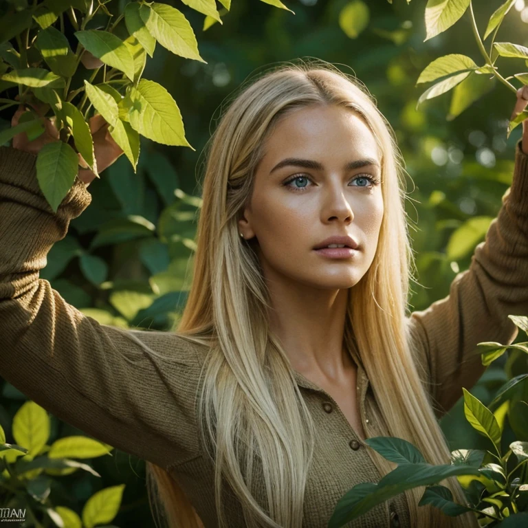 Hyper-realistic action scene in which a beautiful blonde woman closely examines the flora and fauna of America. "Add extremely precise details to plants, Animales, and the expression of astonishment on Columbus' face, 8k, CinematicLight, foto realista, Renderizado de octanaje, centrado, obra maestra, 35mm,