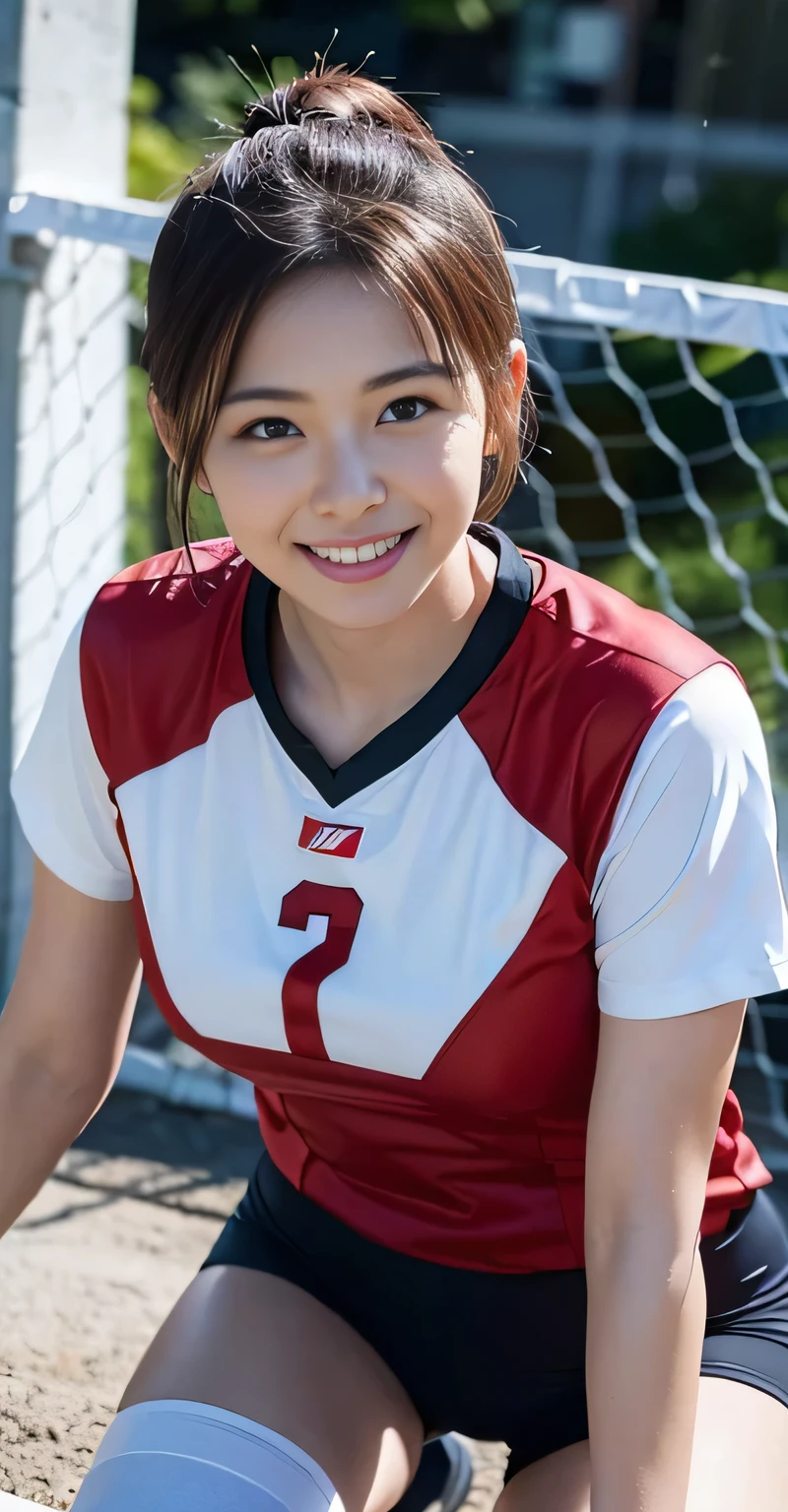 (A beautiful Korean volleyball player, age 22, wearing white jersey, Korea VNL White Jersey, jersey number '7' at chest, Lightweight Synthetic Jersey, red Short Sleeves, Blue Spandex Shorts, white Ankle-Braces, white Knee-Pads, volleyball pose in training session, friendly and kind expression, gentle smile, dimpled smile, cute snaggle-tooth, short hair tied as a ponytail, symmetrical face, beautiful detailed face, bright_and_full_of_warmth_eyes, detailed eyes, perfect body proportions, ample round bosom, photorealistic, hyper-realism, high contrast, ultra HD, realistic skin textures, top image quality, top-quality, super high resolution, fine details, very meticulously, masterpiece, head to knees, High Angle Shot, The_Avengers_Atmosphere, bokeh background)