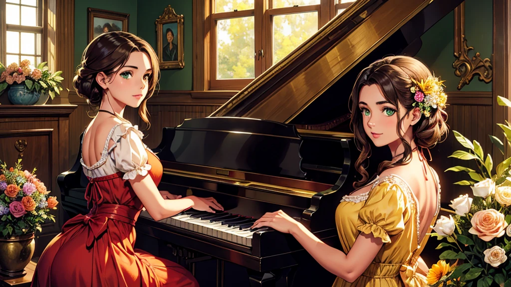 A realistic scene of a young lady in an antique dress; her skin is tanned and her face has perfect green eyes; the background is vintage style, inside an old house with a golden piano and lots of flowers; work of art.